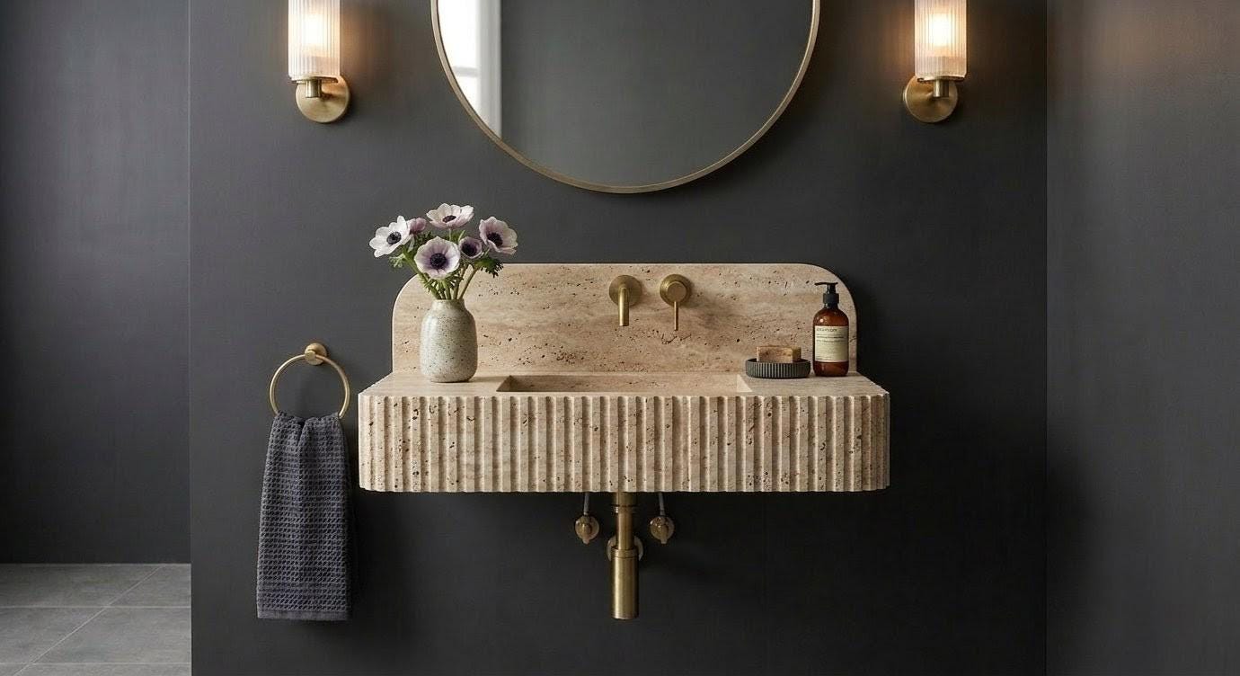 Wall Mounted Floating Travertine Sink | Light Beige Natural Stone Floating Vanity