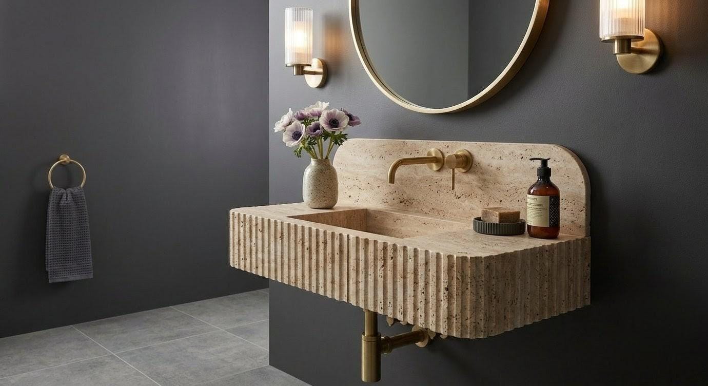 Wall Mounted Floating Travertine Sink | Light Beige Natural Stone Floating Vanity