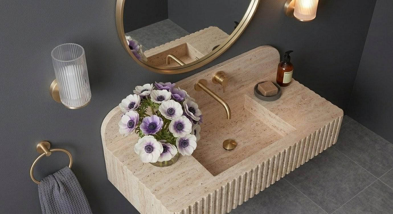 Wall Mounted Floating Travertine Sink | Light Beige Natural Stone Floating Vanity