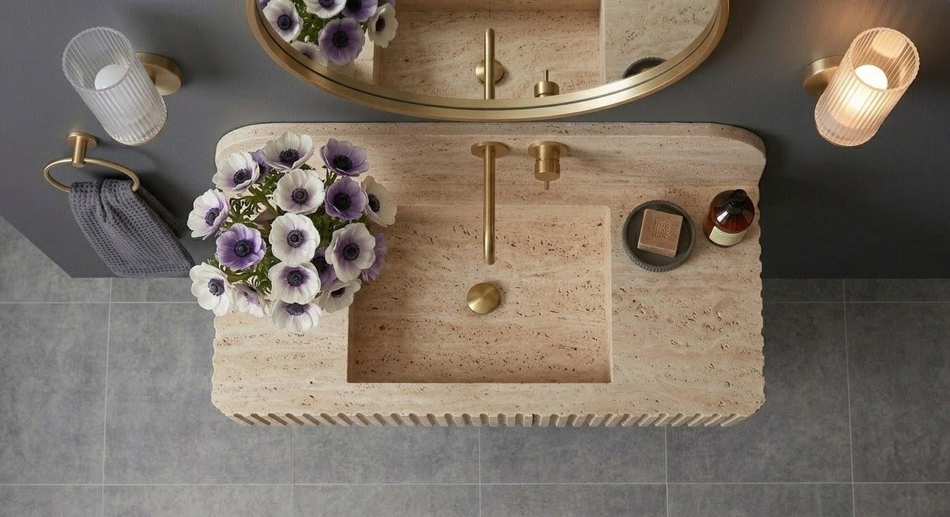 Wall Mounted Floating Travertine Sink | Light Beige Natural Stone Floating Vanity