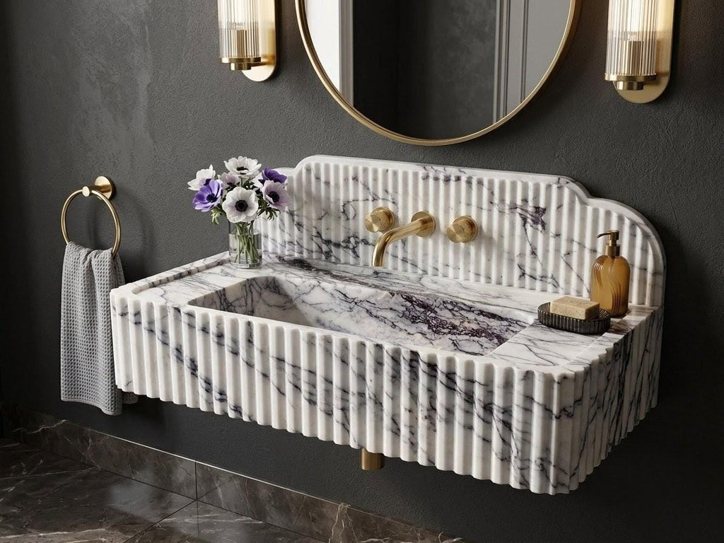 Lilac Marble Fluted Sink, Luxury Wall Mounted Washbasin, Purple Veined Stone Vanity