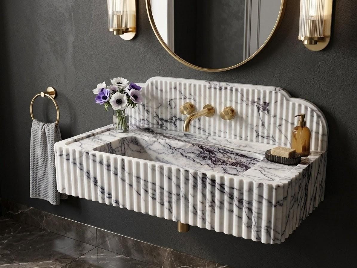 Lilac Marble Fluted Sink, Luxury Wall Mounted Washbasin, Purple Veined Stone Vanity