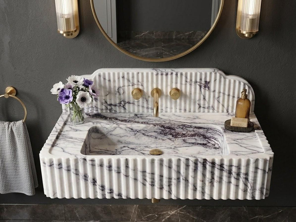 Lilac Marble Fluted Sink, Luxury Wall Mounted Washbasin, Purple Veined Stone Vanity