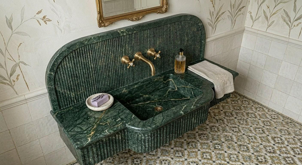 Verde Amore Green Marble Sink, Fluted Floating Washbasin, Wall Mounted Vanity Basin