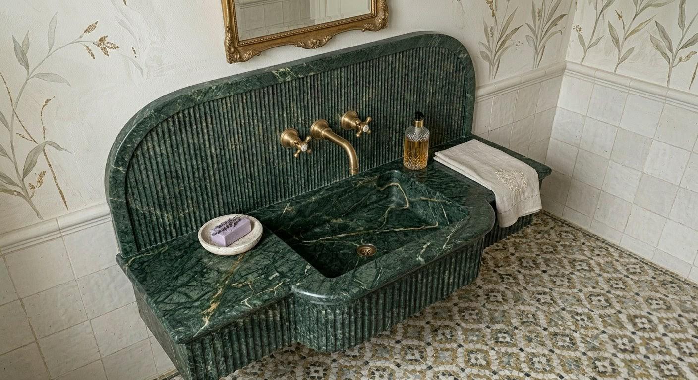 Verde Amore Green Marble Sink, Fluted Floating Washbasin, Wall Mounted Vanity Basin
