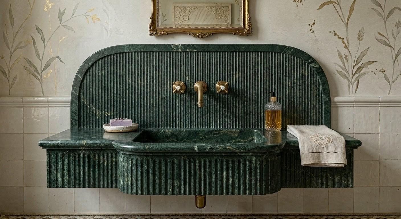 Verde Amore Green Marble Sink, Fluted Floating Washbasin, Wall Mounted Vanity Basin