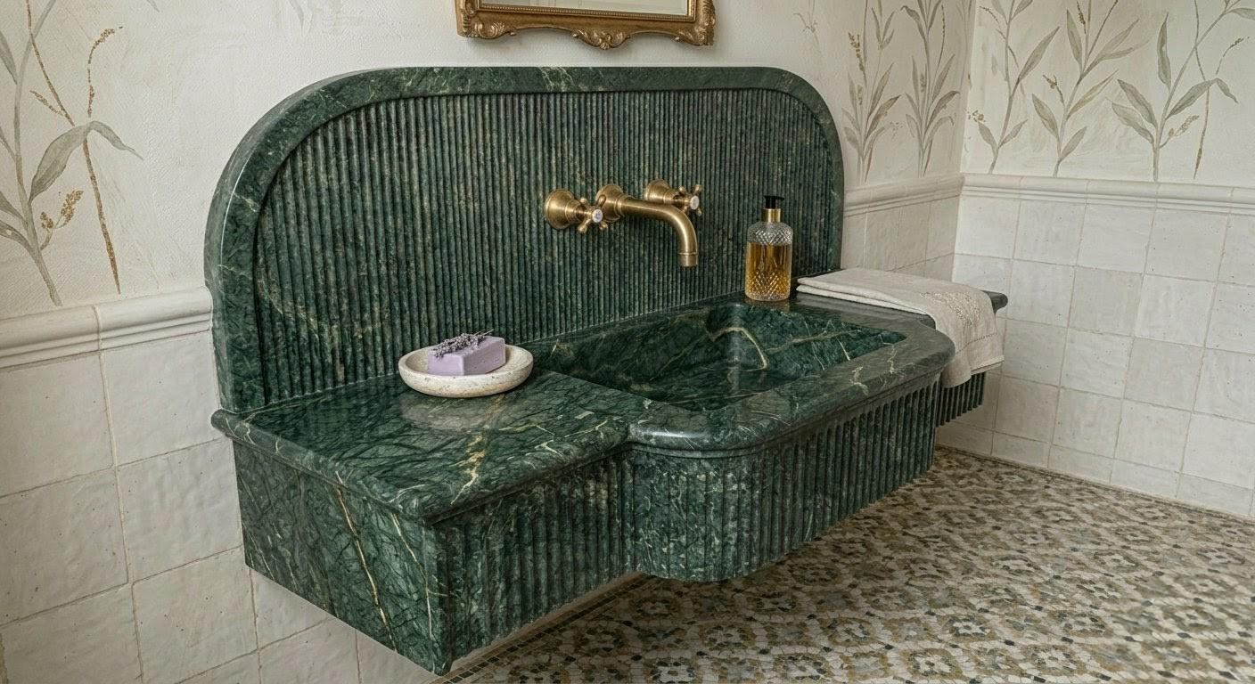 Verde Amore Green Marble Sink, Fluted Floating Washbasin, Wall Mounted Vanity Basin
