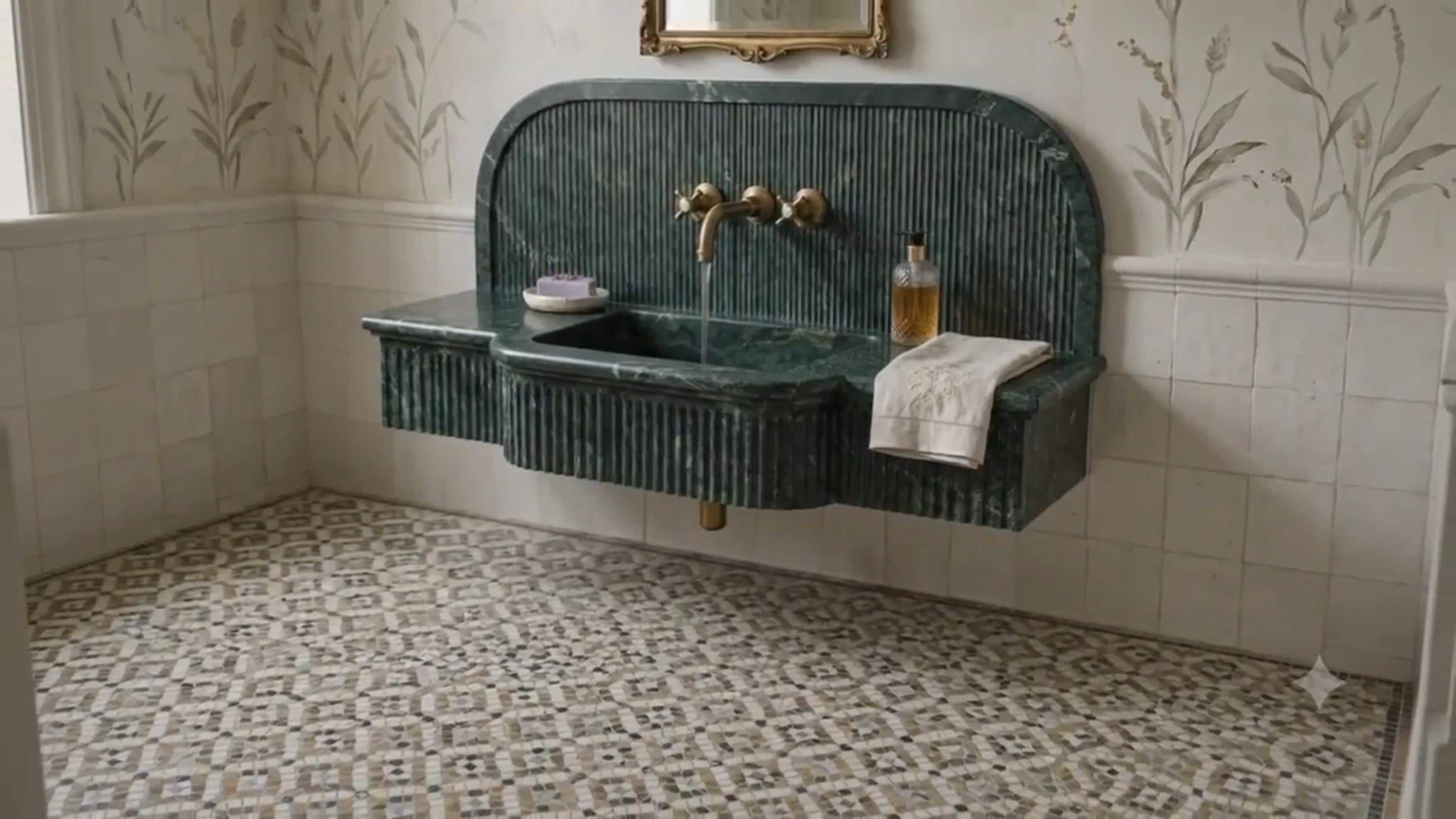 Verde Amore Green Marble Sink, Fluted Floating Washbasin, Wall Mounted Vanity Basin