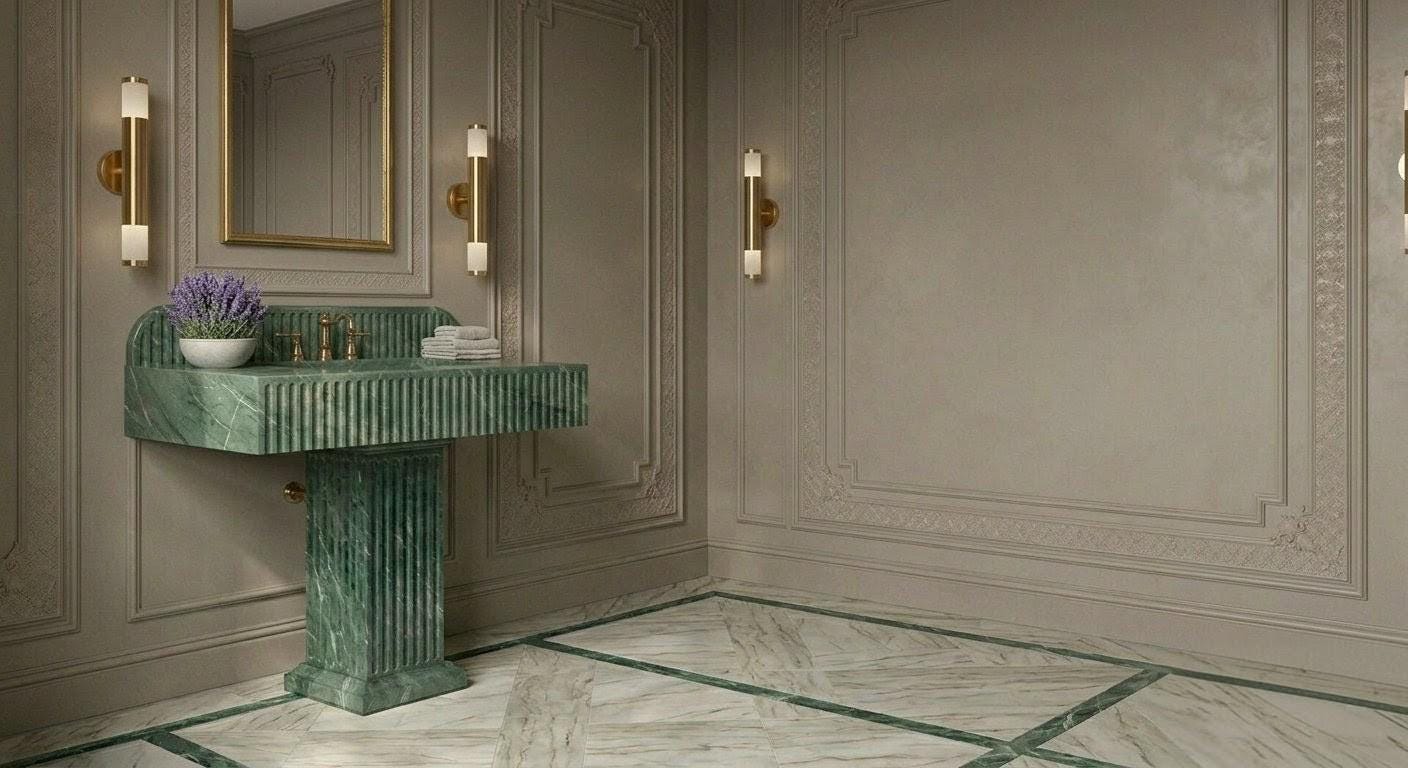 Green Fluted Stone Bathroom Sink - Free-standing Marble Pedestal Lavatory with Gold Accents