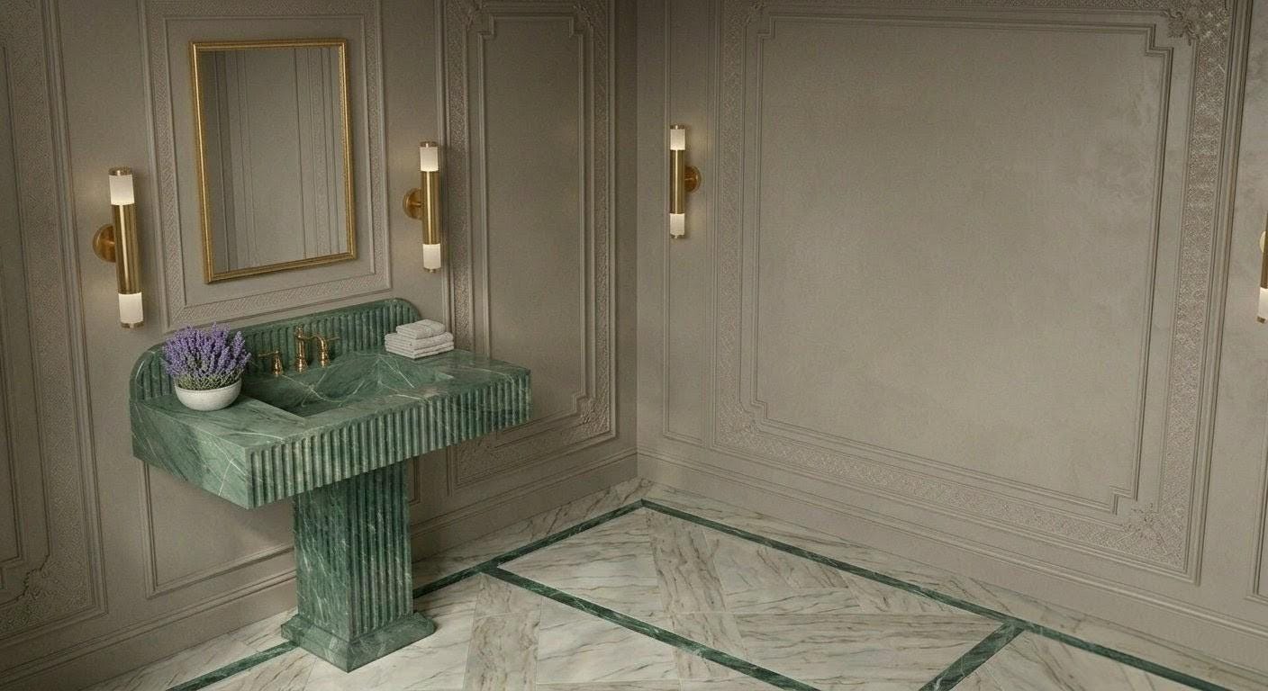 Green Fluted Stone Bathroom Sink - Free-standing Marble Pedestal Lavatory with Gold Accents