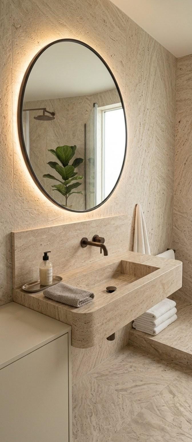 Luxury Travertine Stone Floating Bathroom Vanity - Modern Seamless Design with Integrated Sink