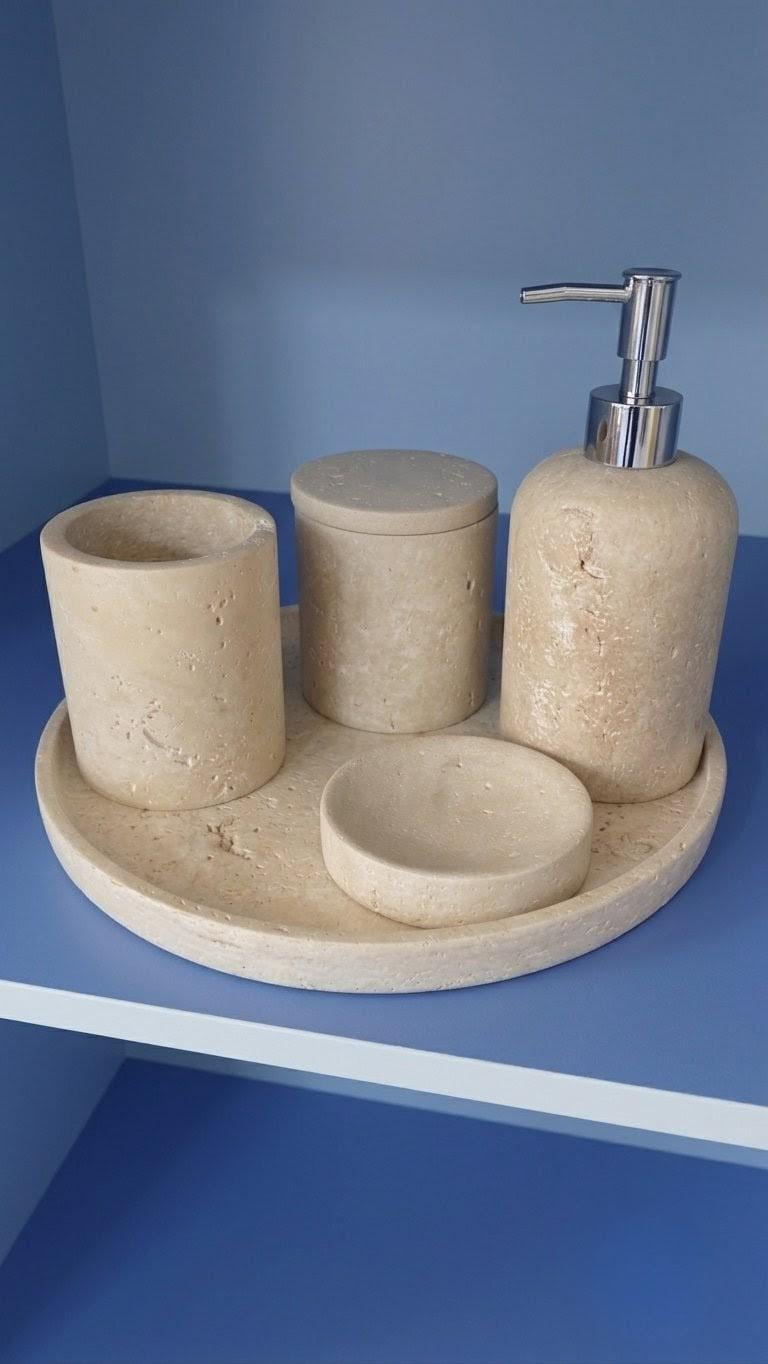 Travertine Bathroom Accessory Set, Natural Stone Spa Decor, Luxury Bath Organizer