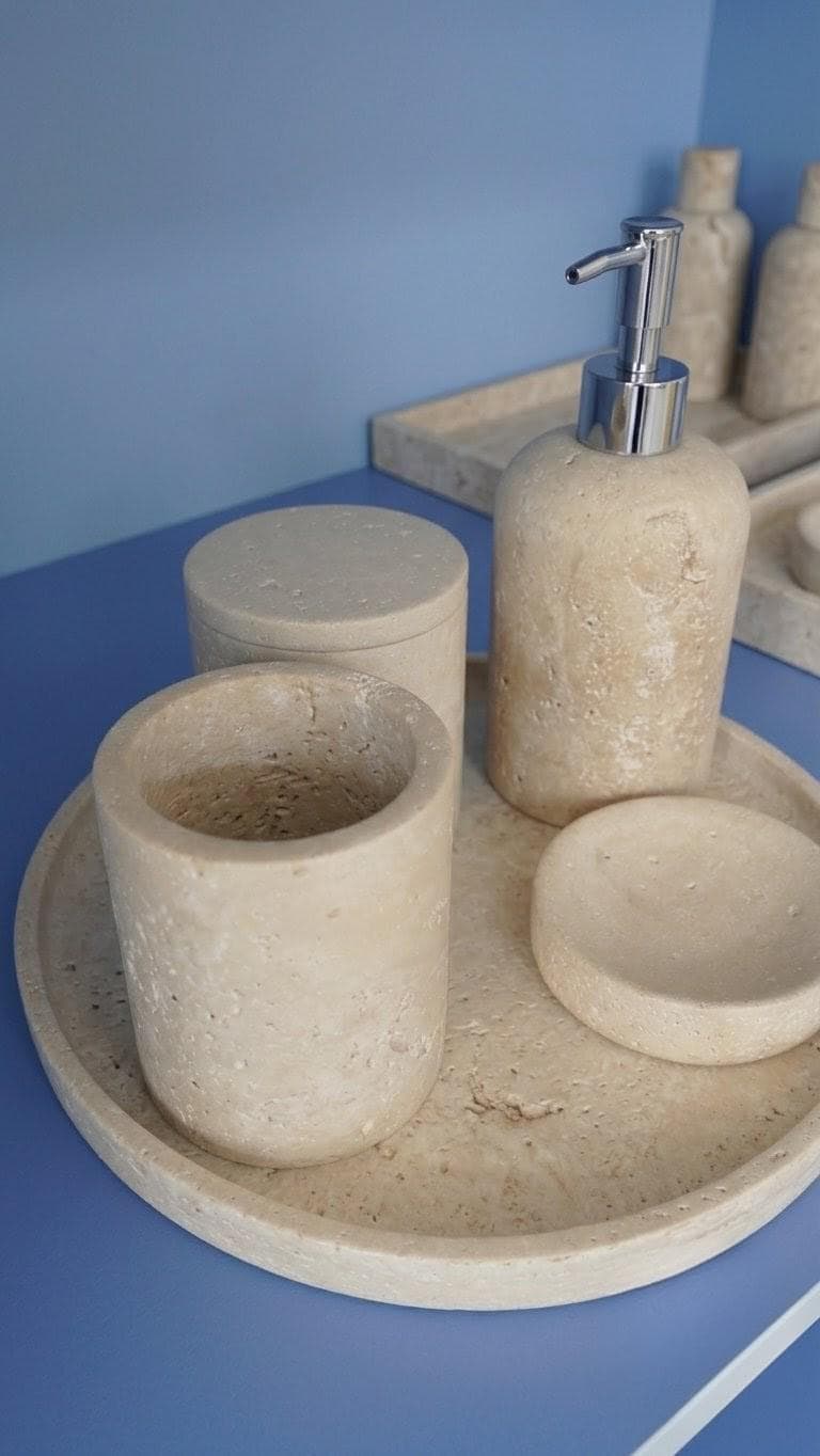 Travertine Bathroom Accessory Set, Natural Stone Spa Decor, Luxury Bath Organizer
