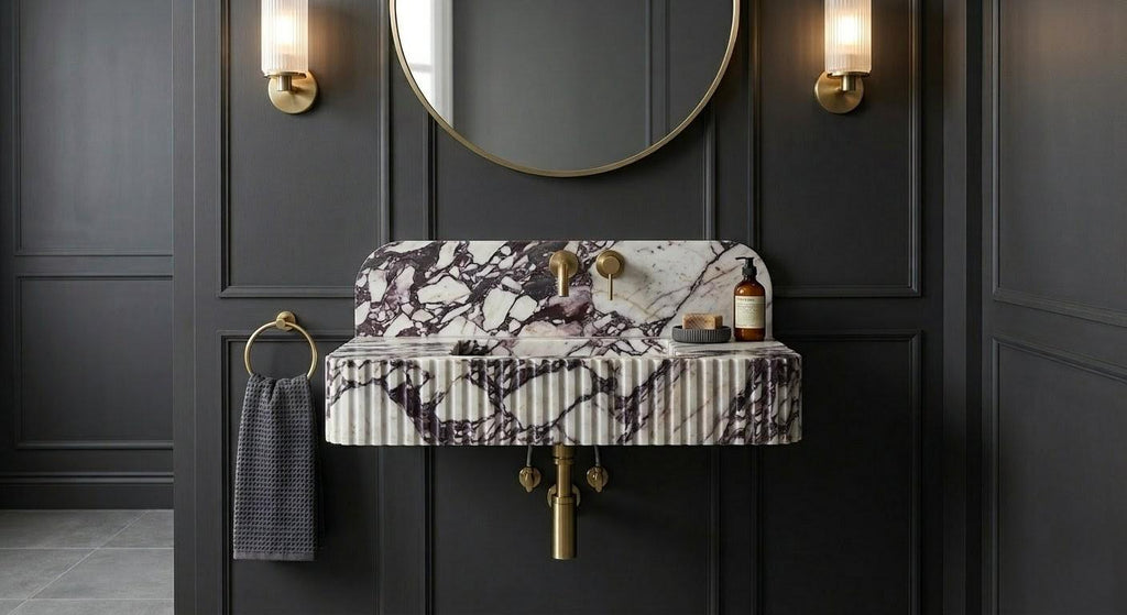 Calacatta Viola Marble Floating Sink, Fluted Vanity, Handcrafted Breccia Powder Room Basin