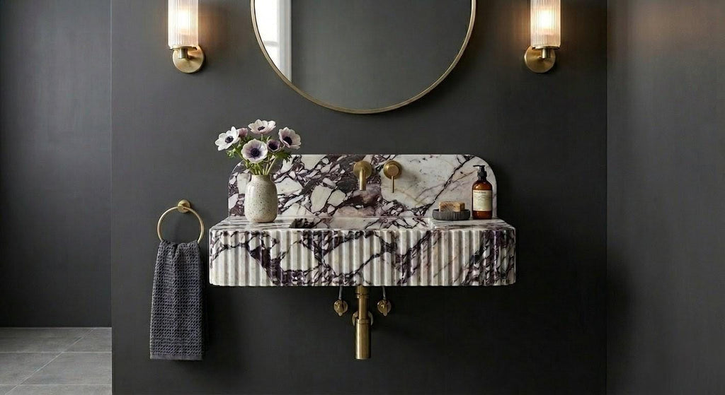 Calacatta Viola Marble Floating Sink, Fluted Vanity, Handcrafted Breccia Powder Room Basin
