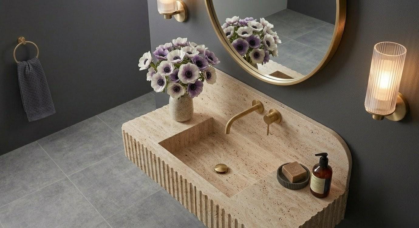 Wall Mounted Floating Travertine Sink | Light Beige Natural Stone Floating Vanity