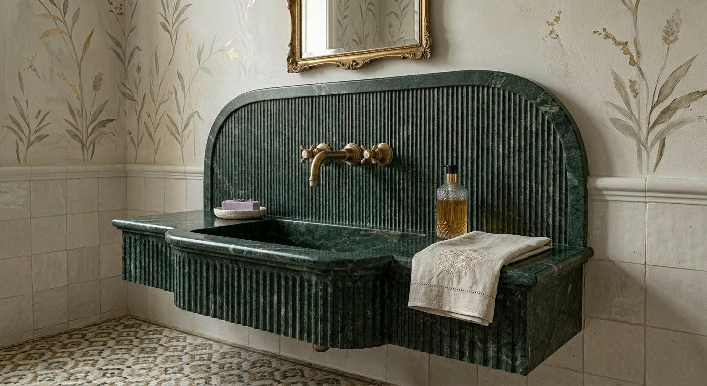 Verde Amore Green Marble Sink, Fluted Floating Washbasin, Wall Mounted Vanity Basin