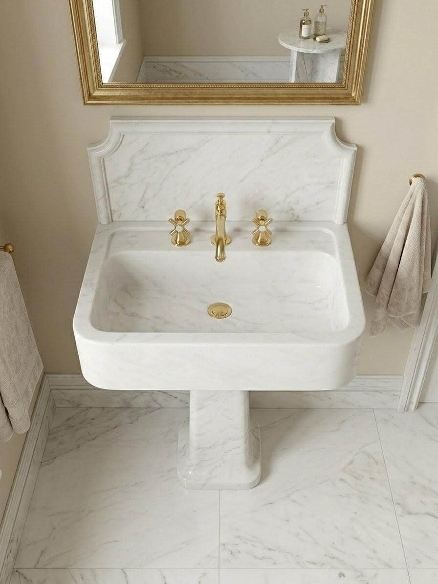 Solid White Marble Pedestal Sink with Backsplash, Luxury Freestanding Basin