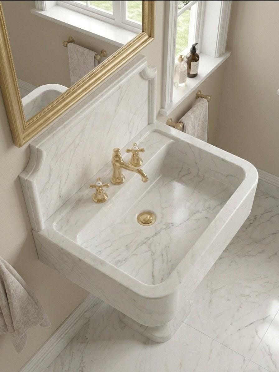 Solid White Marble Pedestal Sink with Backsplash, Luxury Freestanding Basin