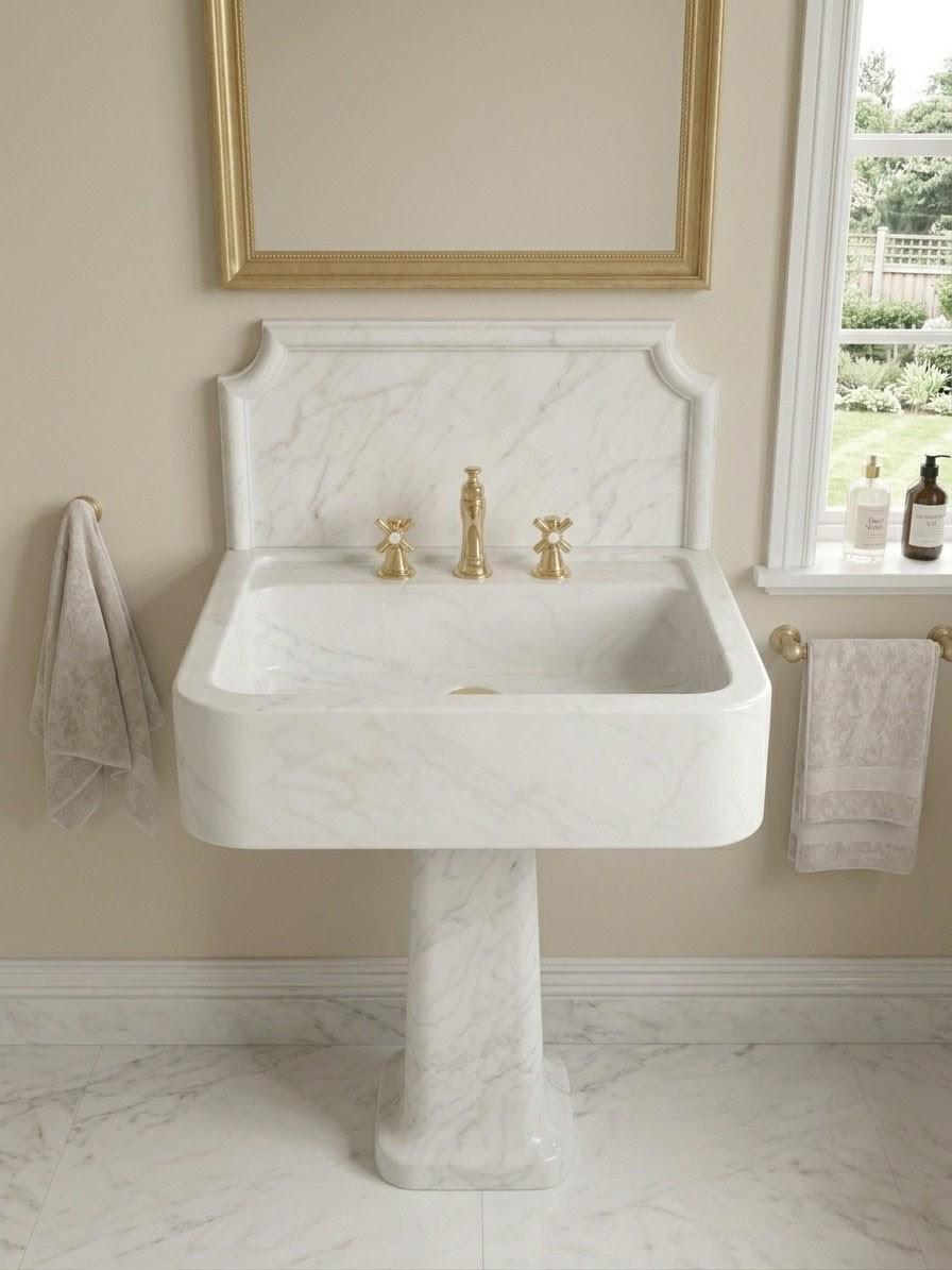Solid White Marble Pedestal Sink with Backsplash, Luxury Freestanding Basin