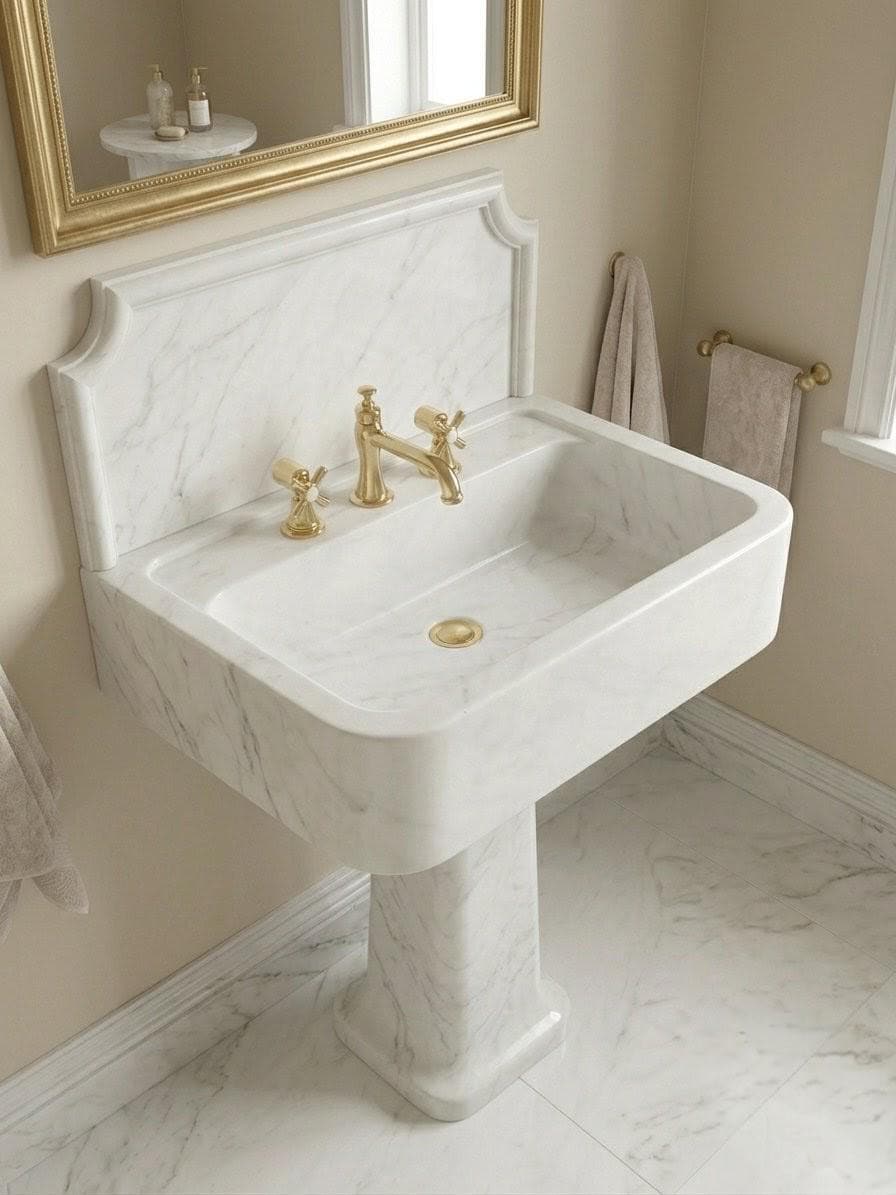 Solid White Marble Pedestal Sink with Backsplash, Luxury Freestanding Basin