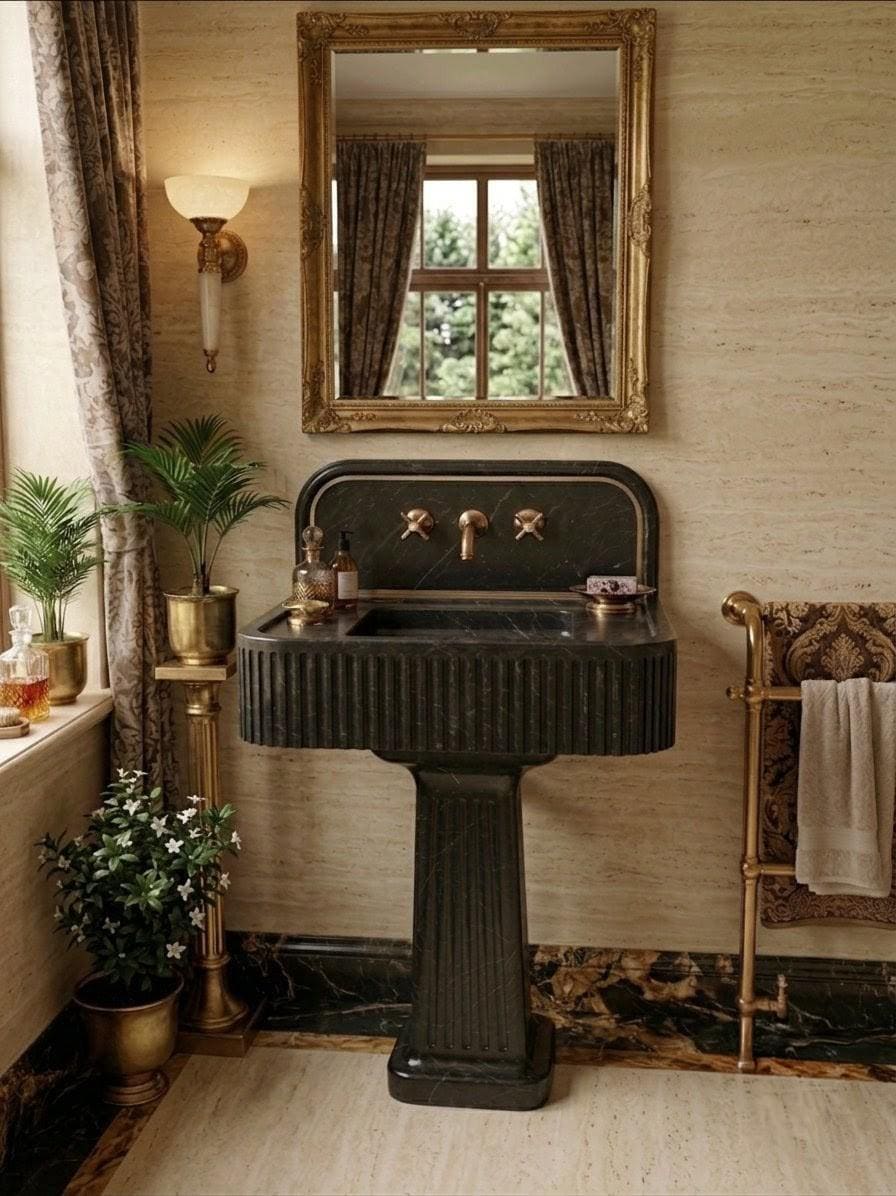 Fluted Black Marble Pedestal Sink, Nero Marquina Style Basin, Wall Mount Vanity (Powder Room)