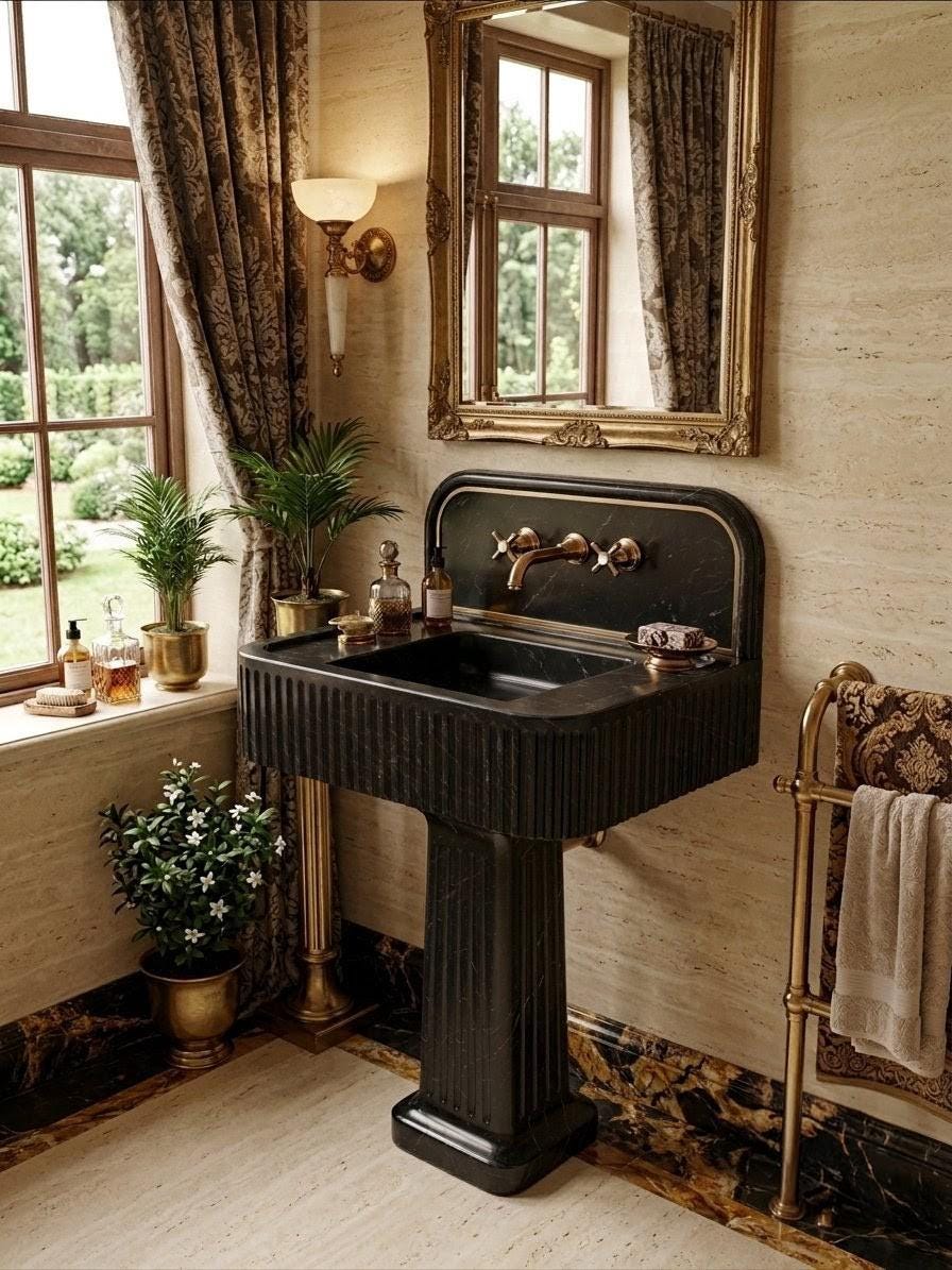 Fluted Black Marble Pedestal Sink, Nero Marquina Style Basin, Wall Mount Vanity (Powder Room)