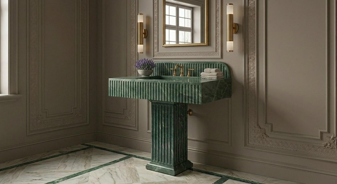 Green Fluted Stone Bathroom Sink - Free-standing Marble Pedestal Lavatory with Gold Accents