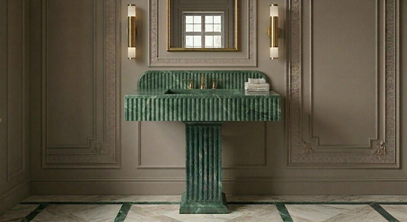 Green Fluted Stone Bathroom Sink - Free-standing Marble Pedestal Lavatory with Gold Accents