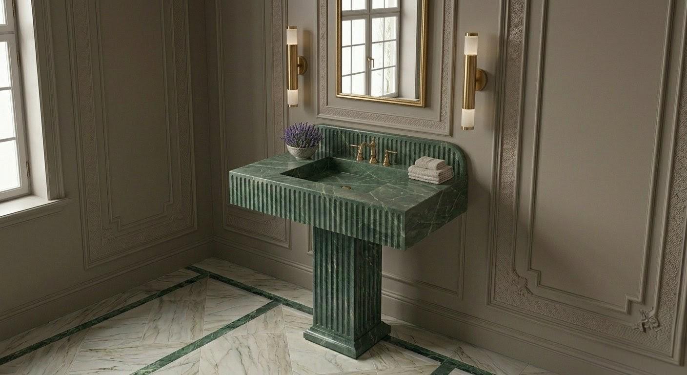Green Fluted Stone Bathroom Sink - Free-standing Marble Pedestal Lavatory with Gold Accents