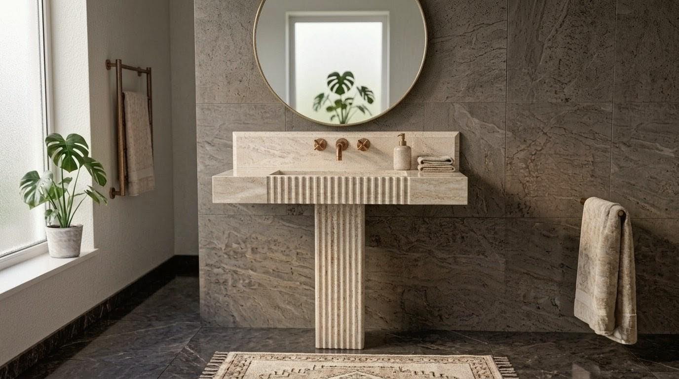 Fluted Travertine Pedestal Sink, Hand-Carved Natural Stone Washbasin, Modern Powder Room Basin
