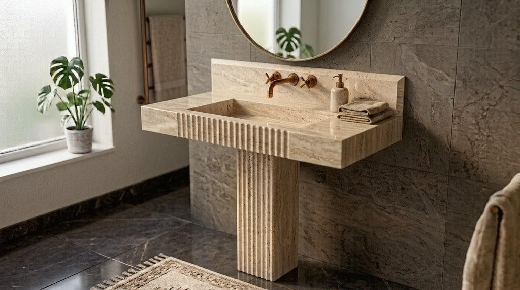 Fluted Travertine Pedestal Sink, Hand-Carved Natural Stone Washbasin, Modern Powder Room Basin