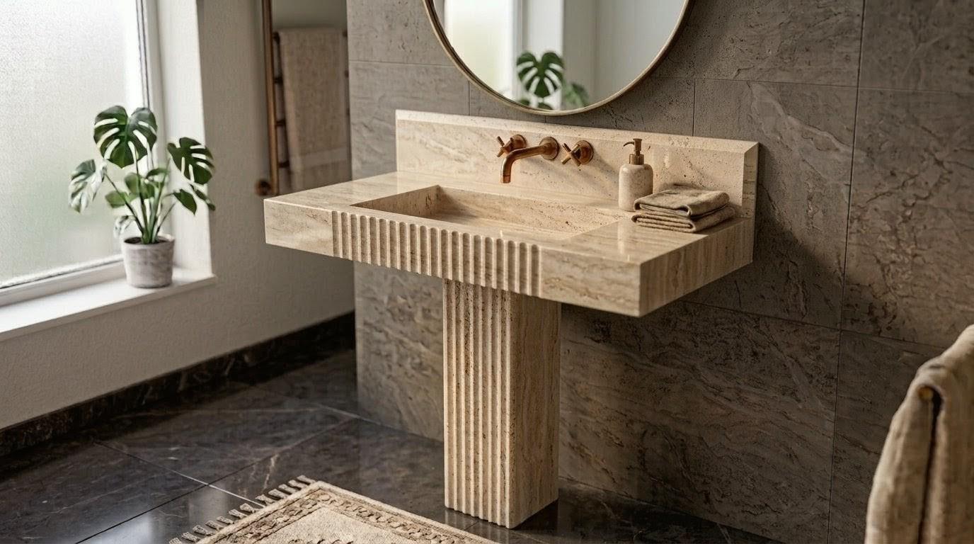 Fluted Travertine Pedestal Sink, Hand-Carved Natural Stone Washbasin, Modern Powder Room Basin