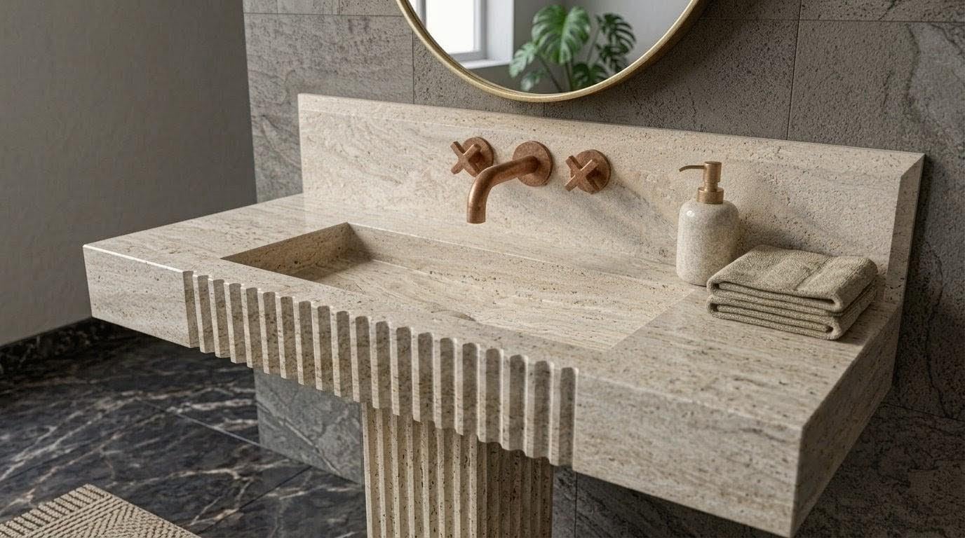 Fluted Travertine Pedestal Sink, Hand-Carved Natural Stone Washbasin, Modern Powder Room Basin