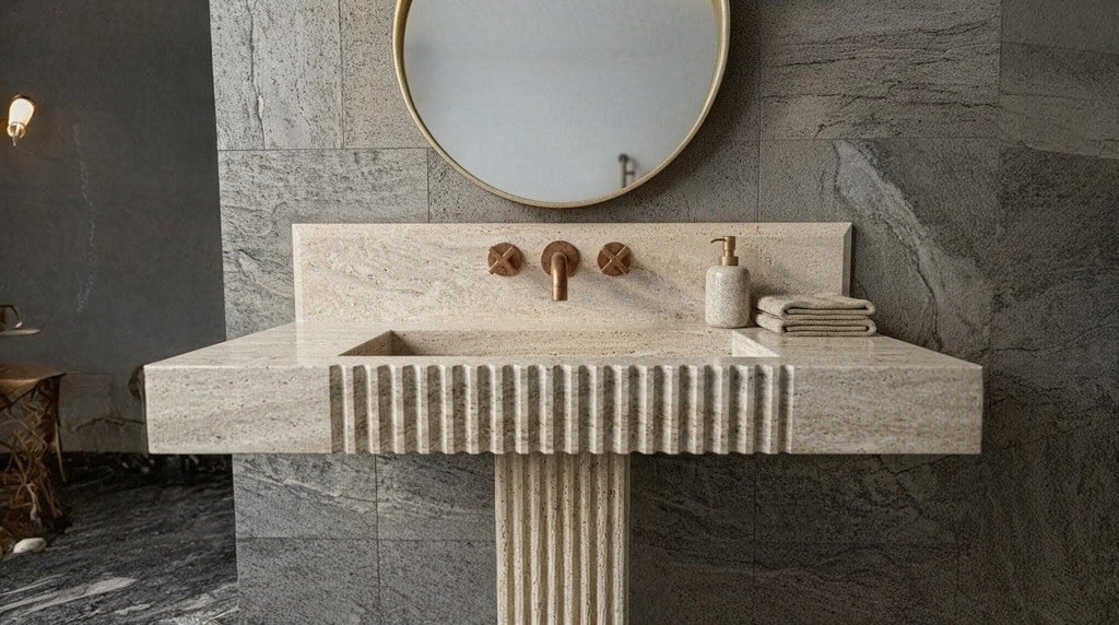 Fluted Travertine Pedestal Sink, Hand-Carved Natural Stone Washbasin, Modern Powder Room Basin