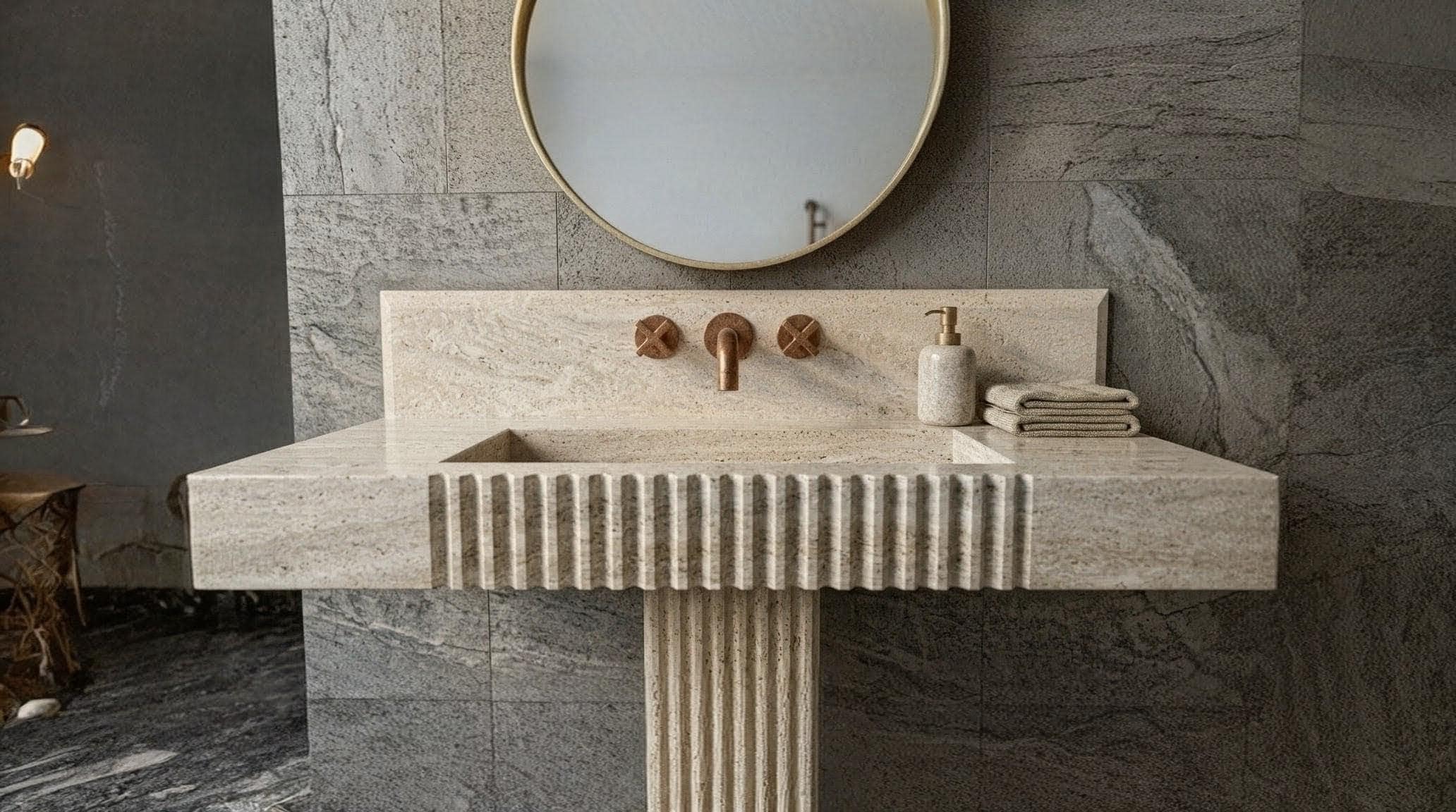 Fluted Travertine Pedestal Sink, Hand-Carved Natural Stone Washbasin, Modern Powder Room Basin