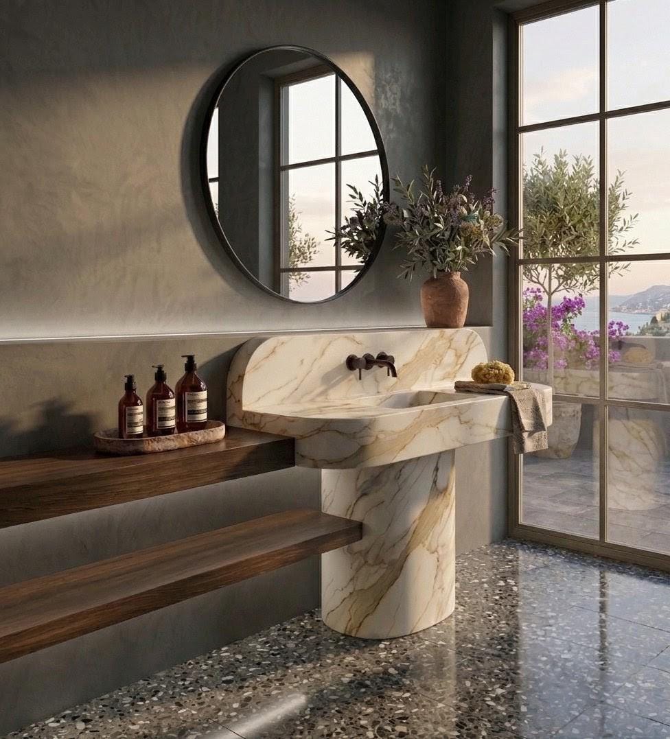 Calacatta Gold Marble Pedestal Sink, Rectangular Freestanding Luxury Bathroom Vanity