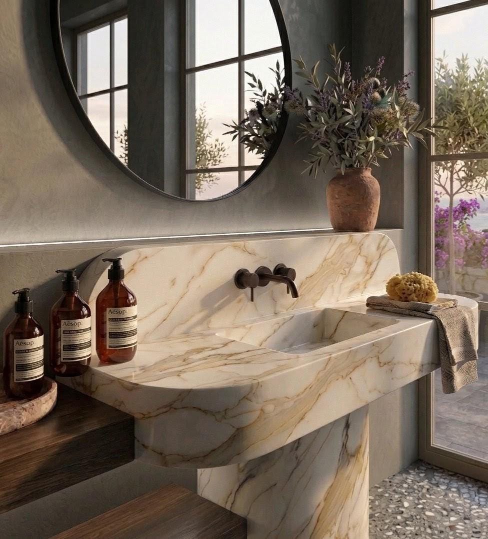 Calacatta Gold Marble Pedestal Sink, Rectangular Freestanding Luxury Bathroom Vanity