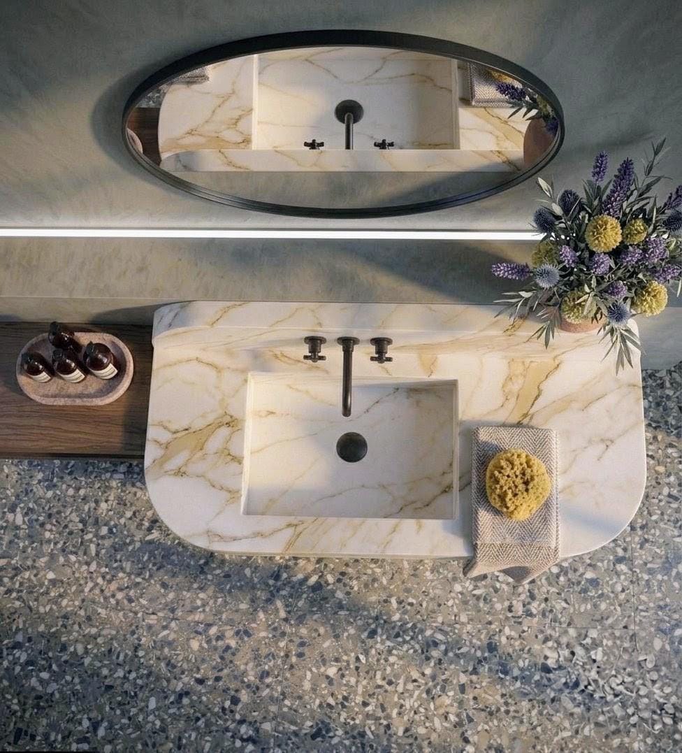 Calacatta Gold Marble Pedestal Sink, Rectangular Freestanding Luxury Bathroom Vanity