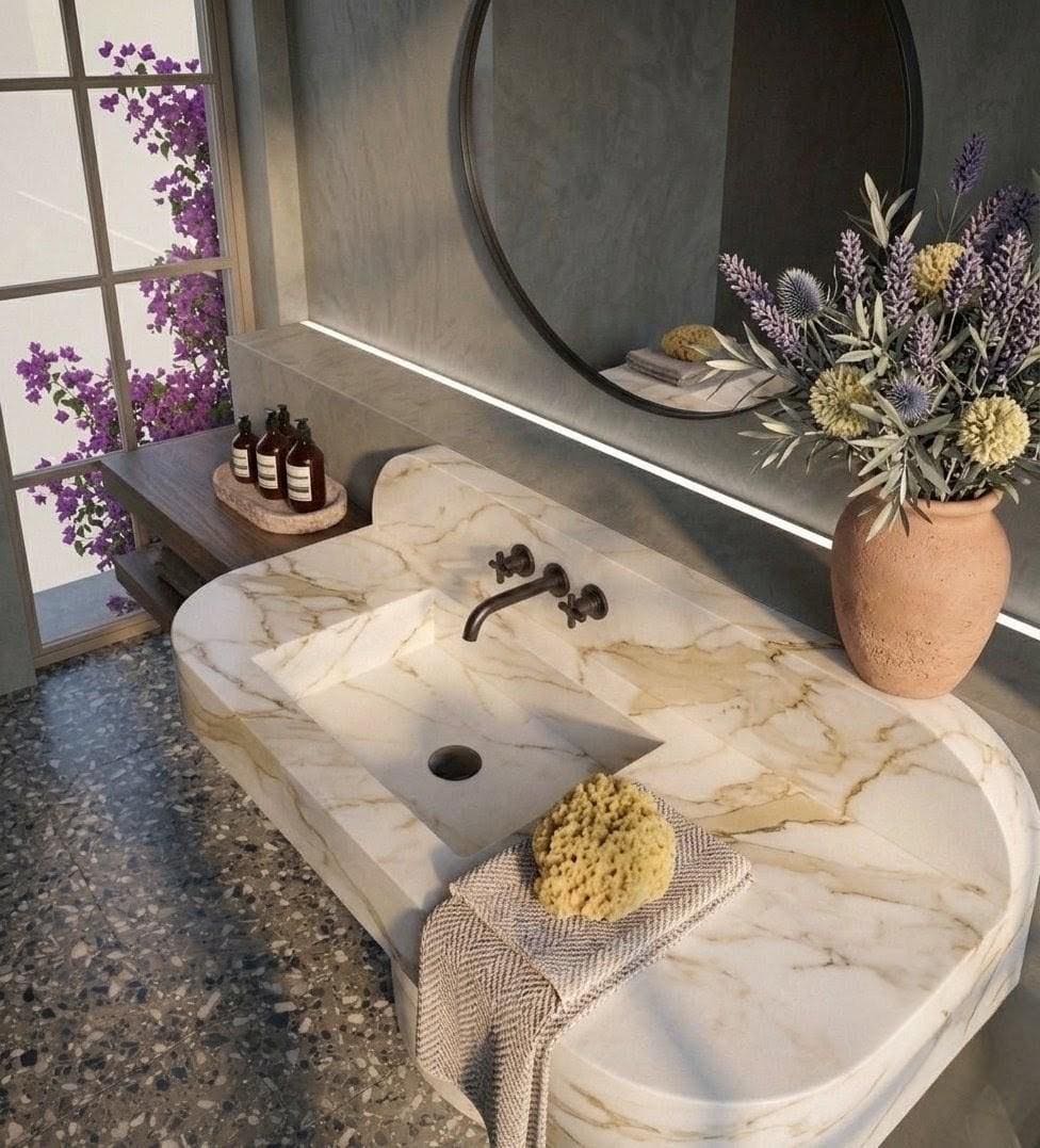 Calacatta Gold Marble Pedestal Sink, Rectangular Freestanding Luxury Bathroom Vanity