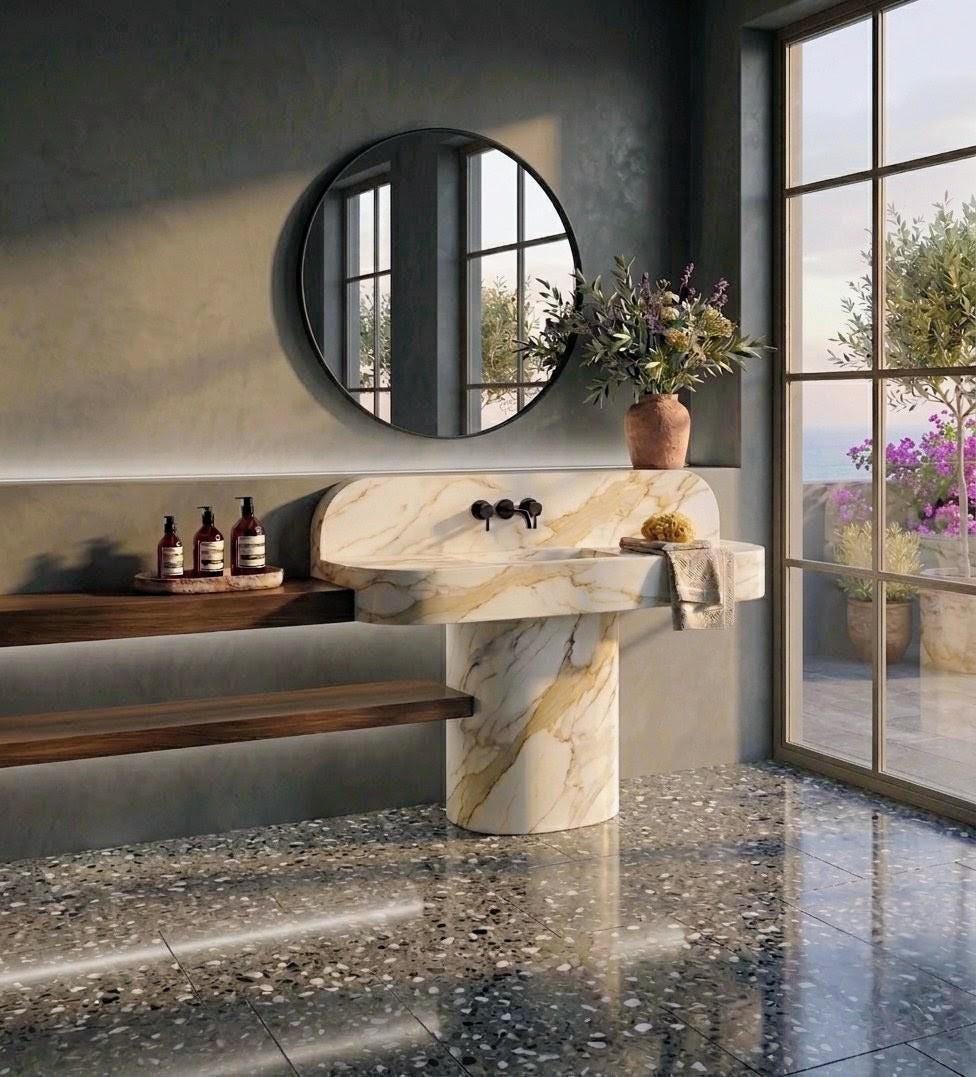 Calacatta Gold Marble Pedestal Sink, Rectangular Freestanding Luxury Bathroom Vanity