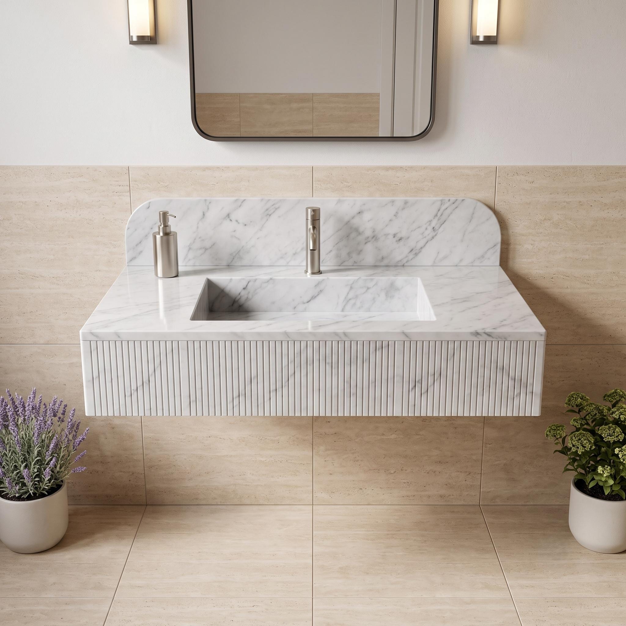 Handcrafted Carrara Marble Wall Mounted Sink, Fluted Floating Vanity Basin
