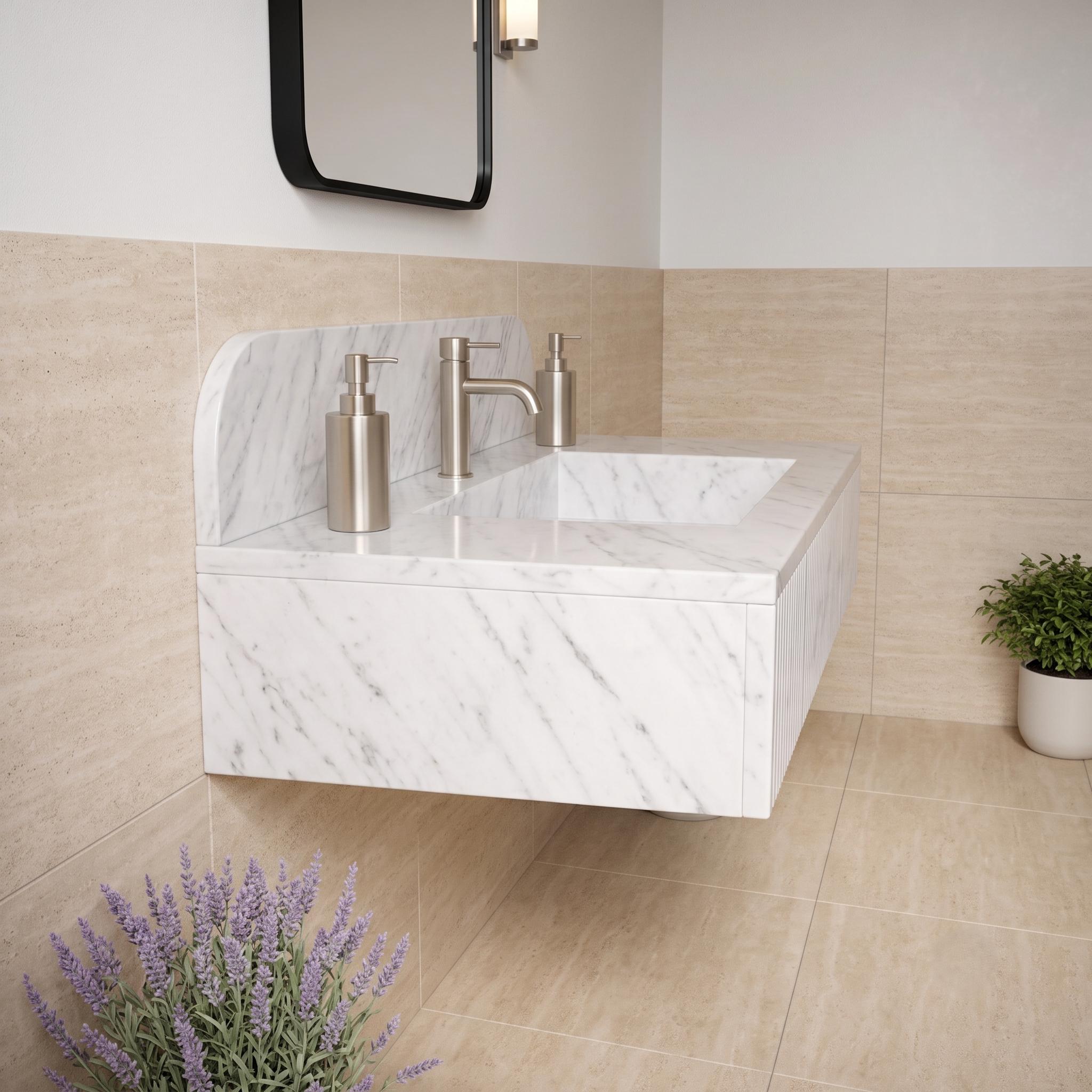 Handcrafted Carrara Marble Wall Mounted Sink, Fluted Floating Vanity Basin