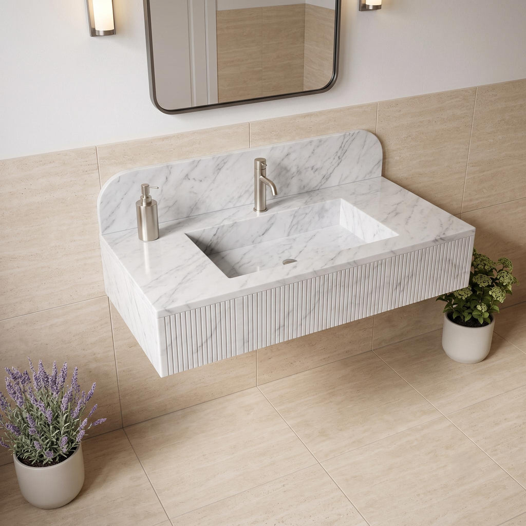 Handcrafted Carrara Marble Wall Mounted Sink, Fluted Floating Vanity Basin