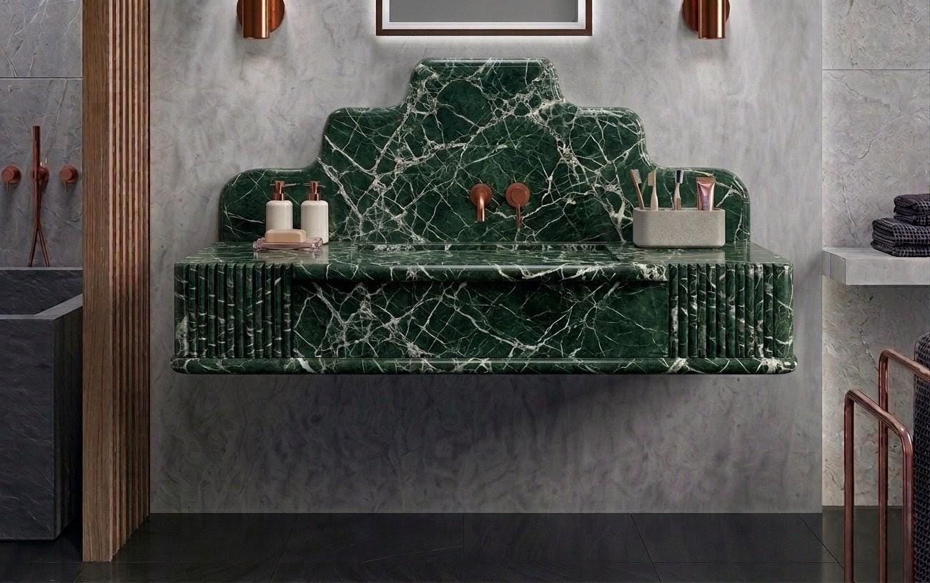 Green Marble Sink, Fluted Front Floating Vanity, Handcrafted Green Stone Washbasin
