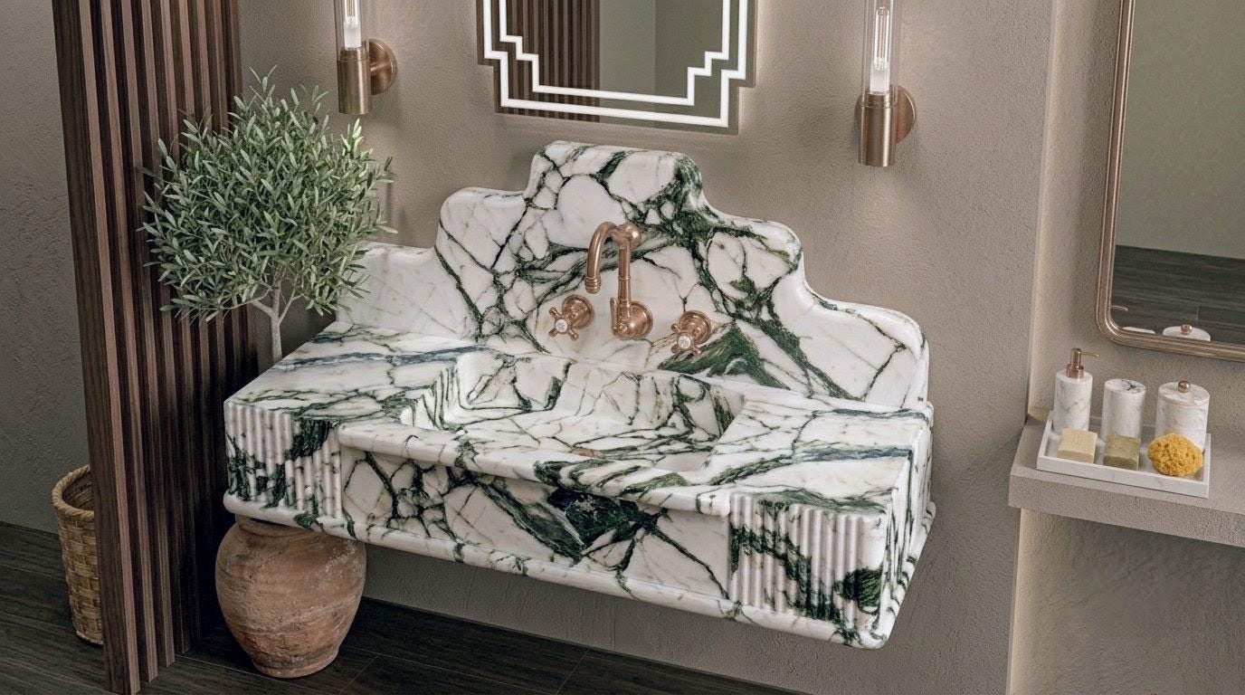 Calacatta Green Marble Vessel Sink: Handcrafted Natural Stone Washbasin for Luxury Bathrooms