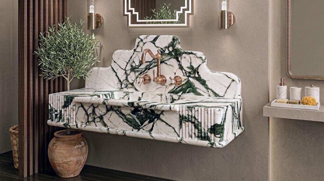 Calacatta Green Marble Vessel Sink: Handcrafted Natural Stone Washbasin for Luxury Bathrooms
