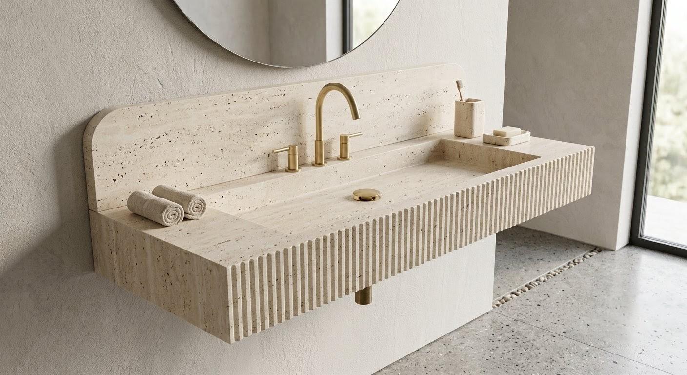 Travertine Wall Mounted Sink, Fluted Rectangular Stone Basin, Luxury Bathroom Vanity