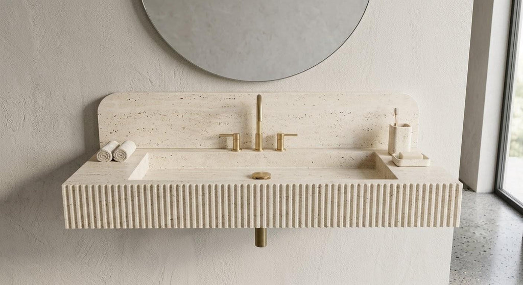 Travertine Wall Mounted Sink, Fluted Rectangular Stone Basin, Luxury Bathroom Vanity