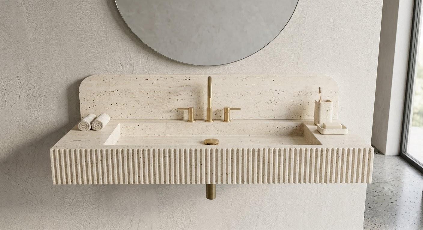 Travertine Wall Mounted Sink, Fluted Rectangular Stone Basin, Luxury Bathroom Vanity